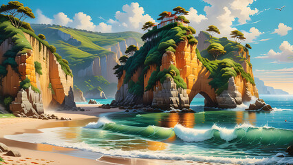 Obraz premium cliff,beach,seaside,scenery,cozy,atmosphere,Generative AI