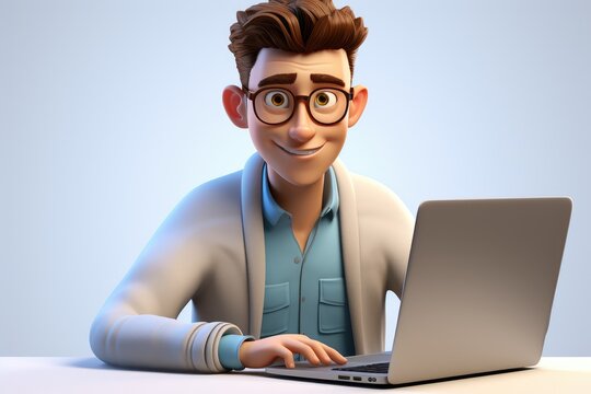 A young handsome man is using a laptop and working. 3d illustration. cartoon man with laptop