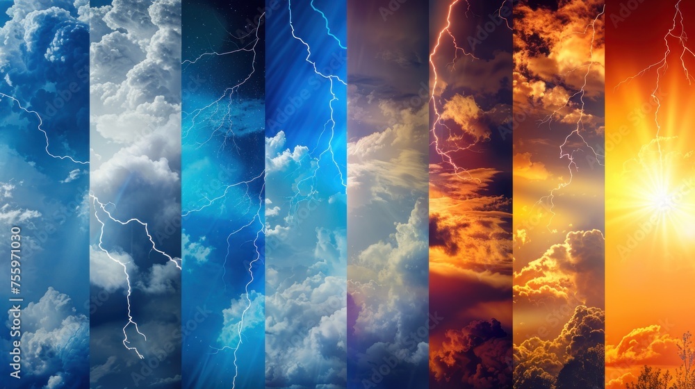 Poster a series of images of different weather conditions, including a sunny day. the images are arranged i