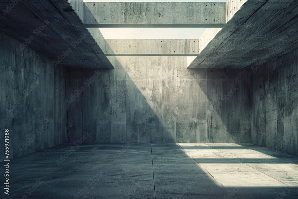 Poster a room with concrete walls and a skylight, suitable for architectural concepts.