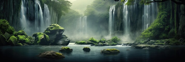 Dreamy landscape with waterfall For branding, calendar, card, wallpaper, poster, banner, cover,...