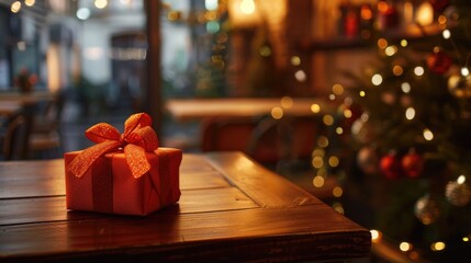 A red present placed on a wooden table, perfect for holiday and celebration concepts. - obrazy, fototapety, plakaty