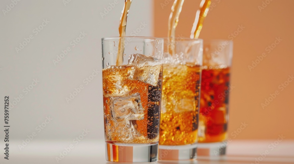 Poster two glasses filled with liquid and ice cubes. suitable for beverage concepts.
