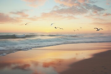 Fototapeta premium A peaceful beach at dawn, with gentle waves and seagulls