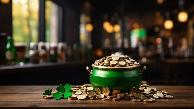 Saint Patrick's Day & Leprechaun's pot of gold coins on a wooden table in beer pub bar with background bokeh effect created with generative ai