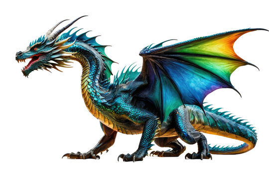 Dragon, vivid colors, full body, isolated against a pure white background, stock photo style, natural light, scales glistening with a hint of iridescence, creature appears majestic and powerful