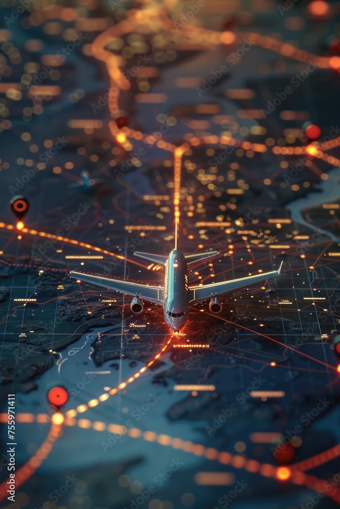 Poster airplane flying over a detailed map of the world. suitable for travel and global concepts.