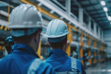 Two men wearing hard hats in a factory. Suitable for industrial and manufacturing concepts.