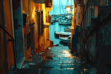 Boats floating in a scenic narrow alley, ideal for travel brochures.