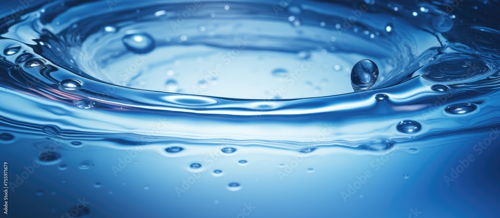 Aufkleber a macro shot capturing a liquid drop entering a pool of water, creating ripples and a circle, reflec