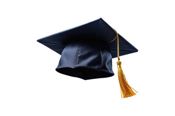 Full-body image of a graduation cap, floating mid-air, isolated on a pristine white background, sharp focus, high resolution, single object centered in frame, casting a soft shadow, ultra clear