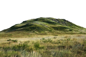 Scenic view of a grassy field with a majestic mountain backdrop. Ideal for travel and nature concepts.