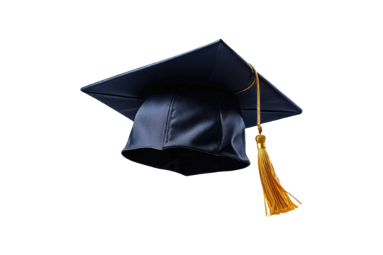 Full-body image of a graduation cap, floating mid-air, isolated on a pristine white background, sharp focus, high resolution, single object centered in frame, casting a soft shadow, ultra clear