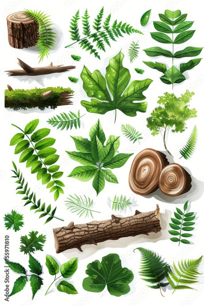 Poster various types of leaves in a botanical collection. ideal for nature enthusiasts.