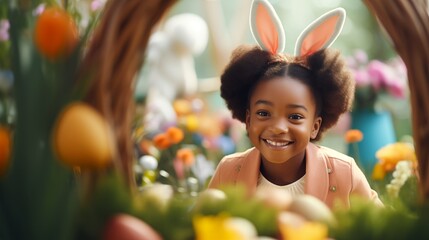 African American girl with curly hair and bunny ears smile. Easter concept - obrazy, fototapety, plakaty