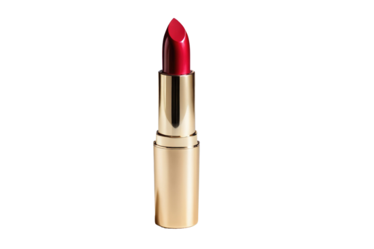 Lipstick in vibrant red shade, centered and isolated on pure white backdrop, casting a soft shadow, close-up shot, focused on the texture of the cosmetic product, high gloss finish