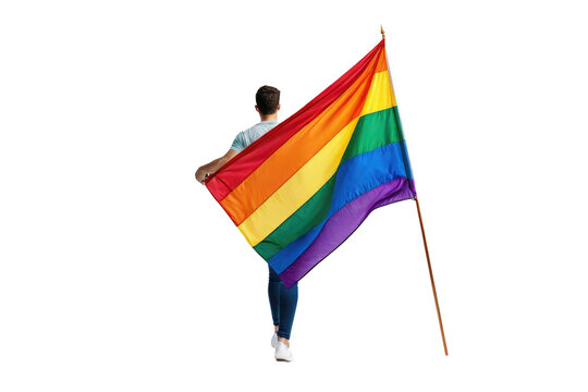 Rainbow flag waving elegantly, full body, solitary presence, isolated against a stark white background, high-resolution stock photo, perfect for inclusivity campaigns