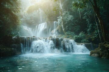 A beautiful waterfall in a lush green forest. Perfect for nature and travel concepts.