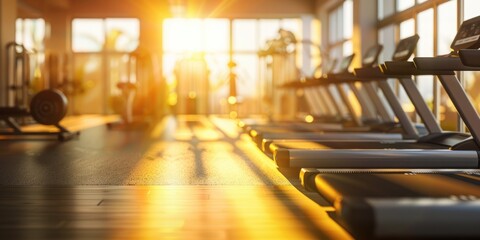 Blurred gym interior background, sport fitness equipment banner
