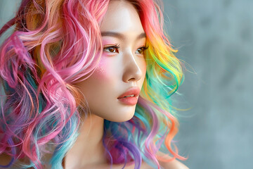 Portrait of a beautiful asian girl with rainbow neon hair style