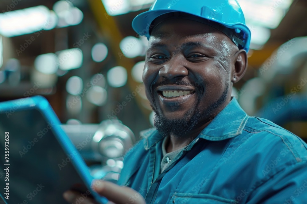 Aufkleber a man in a hard hat holding a tablet computer. suitable for construction and technology concepts.