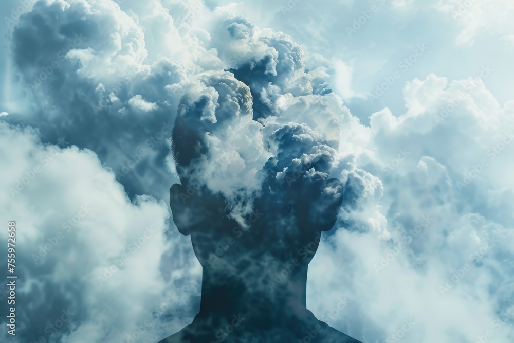 Poster A man with a cloud of smoke emitting from his head. Suitable for concepts related to stress or confusion.