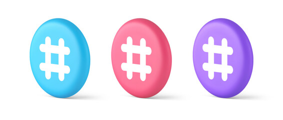 Hashtag button social network media communication symbol internet message key 3d circle icon