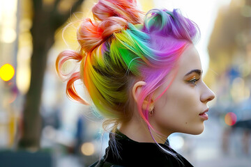 Portrait of a beautiful girl with rainbow neon hair style