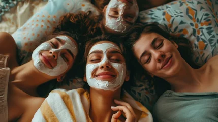 Zelfklevend Fotobehang Spa Group of women relaxing with facial masks, perfect for beauty and wellness concepts.
