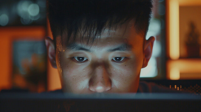Asian man with face lit by a laptop screen with half his face blocked by the top of the laptop