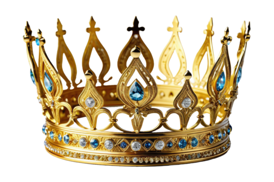 Single golden crown, full body, high-resolution stock photo, isolated on a pure white background, capturing the intricate engravings and shimmering jewels, soft shadow beneath, studio lighting