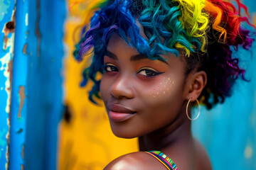 Portrait of a beautiful girl with rainbow neon asymmetric hair style