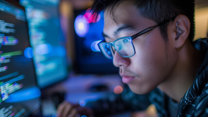 Close up of an Asian man with mustache with glasses reflecting computer screen while writing computer code	
