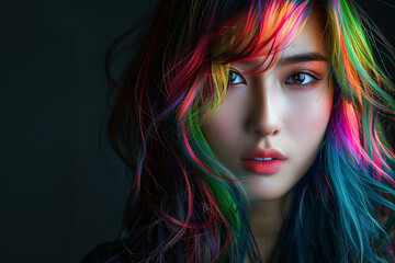 Portrait of a beautiful asian girl with rainbow neon asymmetric hair style on gray background.