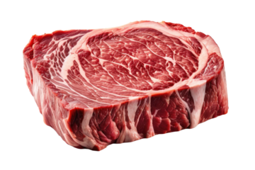 Single steak, full body, high quality stock photo, isolated on white background, portraying texture and marbling of meat, showcasing subtle pink-red tones, capturing reflections on glossy fat layers