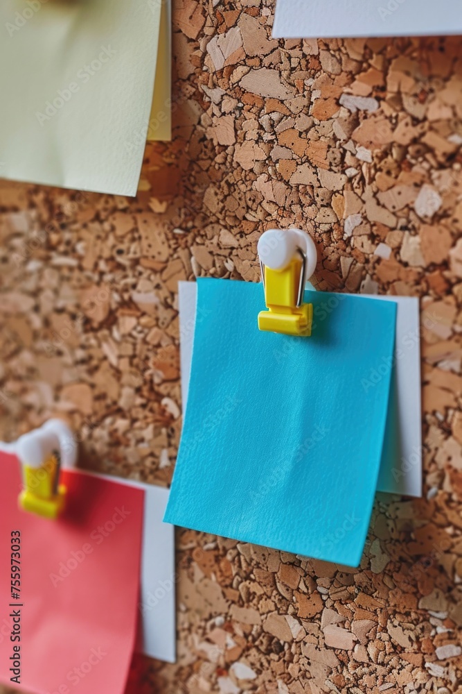 Poster A cork board filled with colorful post it notes. Ideal for office or organization concepts.