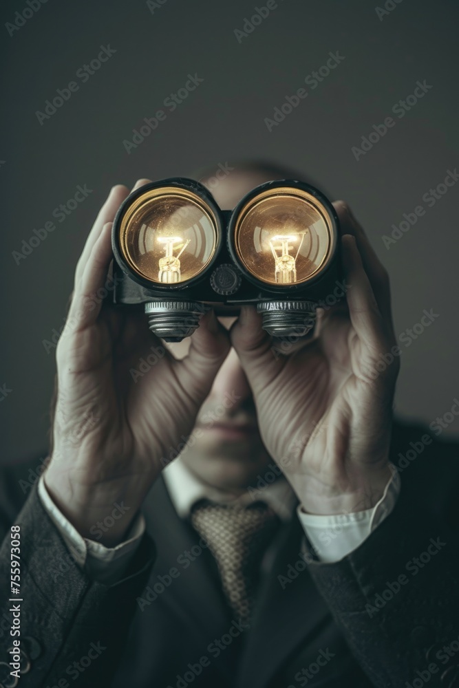 Poster a man in a suit looking through a pair of binoculars. useful for business, surveillance concepts.