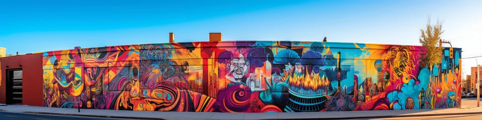 Foto op Aluminium Witness the transformation of a city wall into a canvas of vibrant colors and intricate designs with a street art mural. © usman