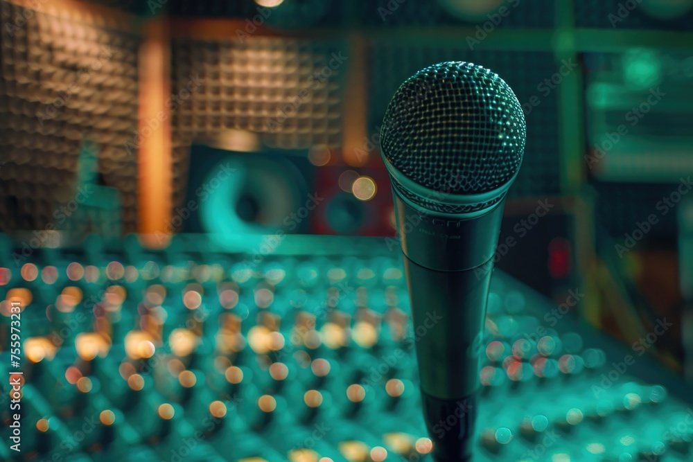 Aufkleber A microphone placed on a table in front of a sound board. Suitable for music production or recording studio concepts.