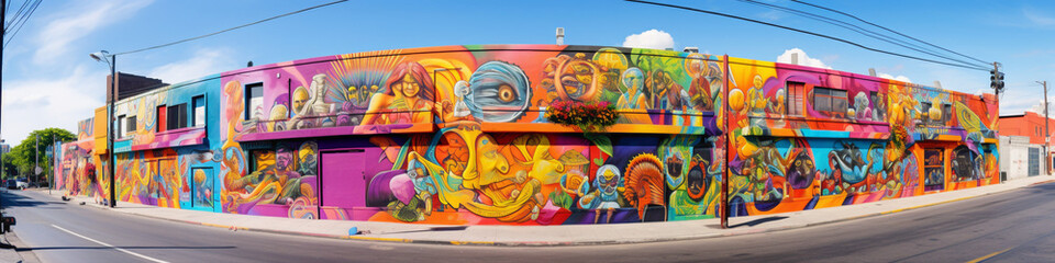 Witness the transformation of a city wall into a canvas of vibrant colors and intricate designs with a street art mural.