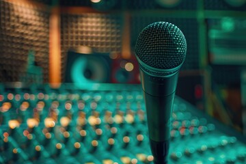 A microphone placed on a table in front of a sound board. Suitable for music production or...