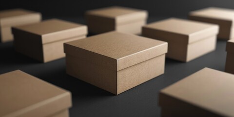 Fototapeta premium Brown boxes neatly arranged on a table, suitable for packaging or storage solutions.