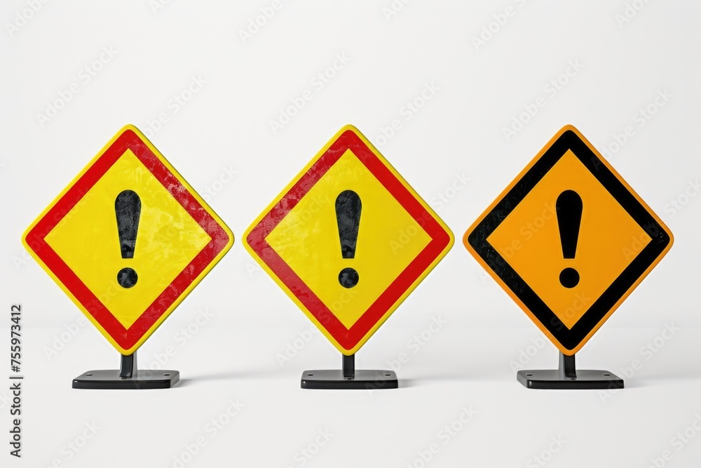 Poster three yellow and black warning signs on a white surface. suitable for safety and caution concepts.