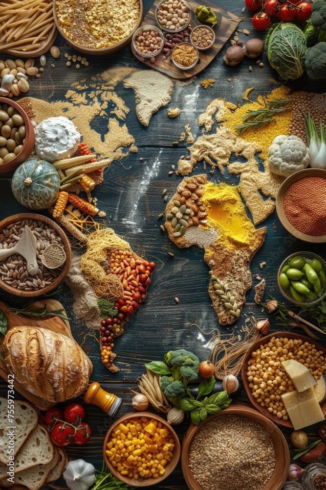Poster a map of the world surrounded by various types of food. ideal for food and travel concepts.