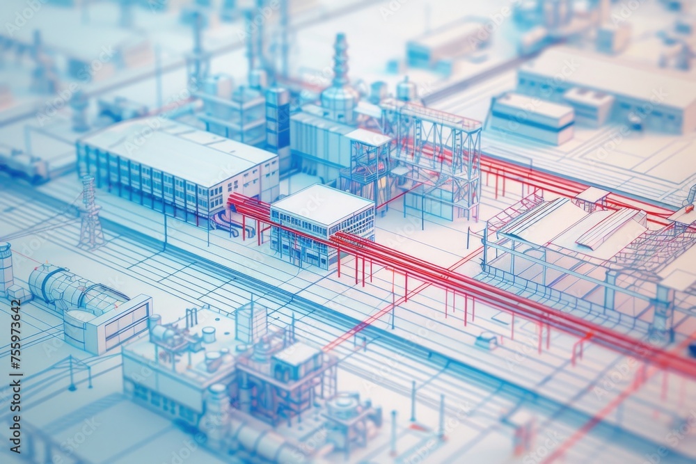 Poster detailed drawing of a factory with various machinery, suitable for industrial concepts.