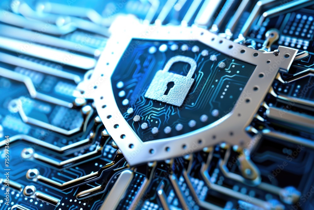 Aufkleber Close up of a circuit board with a padlock. Suitable for technology and security concepts.
