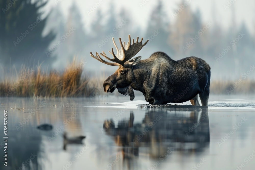 Poster a moose standing in a body of water. suitable for nature and wildlife concepts.