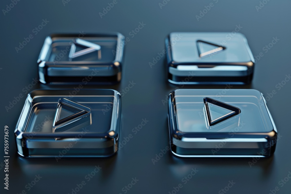 Poster Glass play buttons set on a table, ideal for technology concepts.
