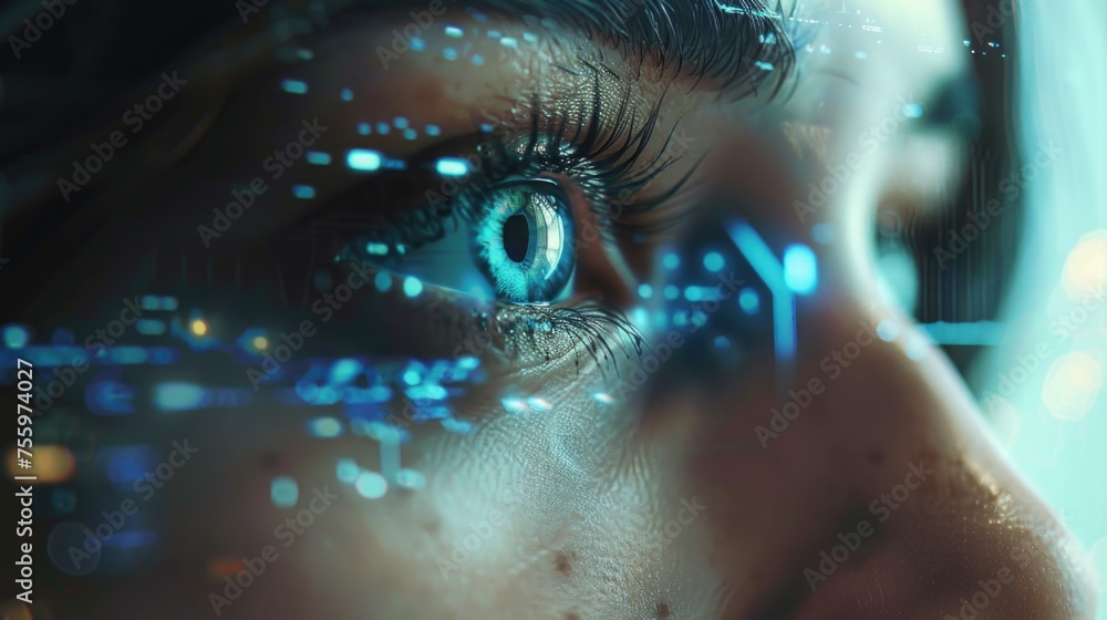 Poster close up of a person's eye with a futuristic design, suitable for technology concepts.
