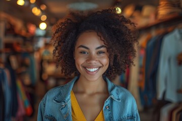 Fototapeta premium A cheerful young woman with curly hair smiling in a clothing store.